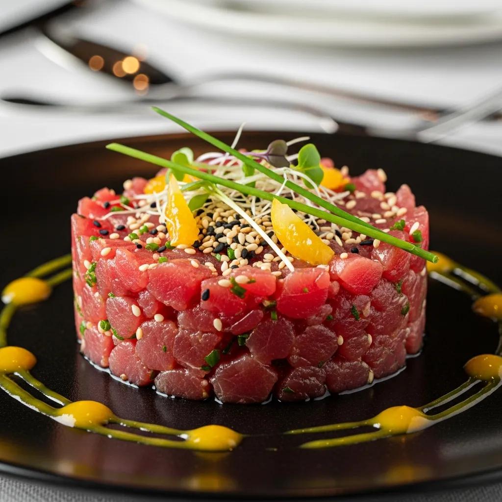 Artfully plated tuna tartare with vivid color and layered textures in a refined setting