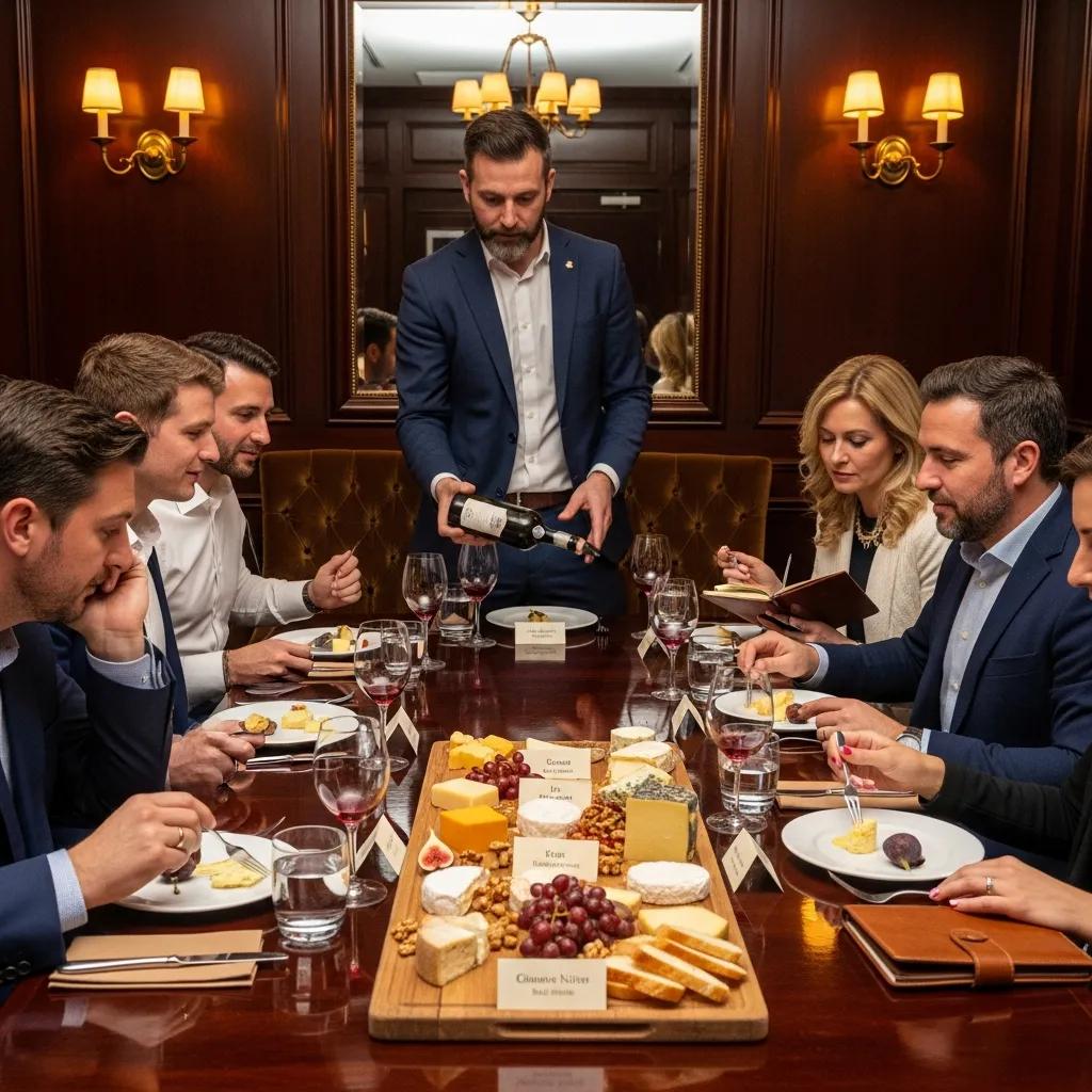 Group of diners enjoying a luxury cheese tasting experience with a sommelier, featuring a wooden platter of assorted cheeses, fruits, and wine, in an elegant dining setting.