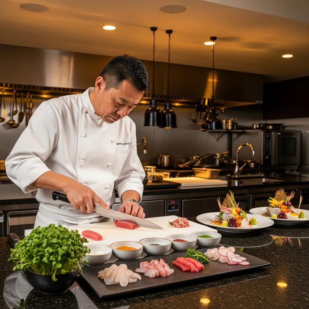 Guest chef plating a signature course in Kaviar&rsquo;s kitchen, demonstrating refined technique