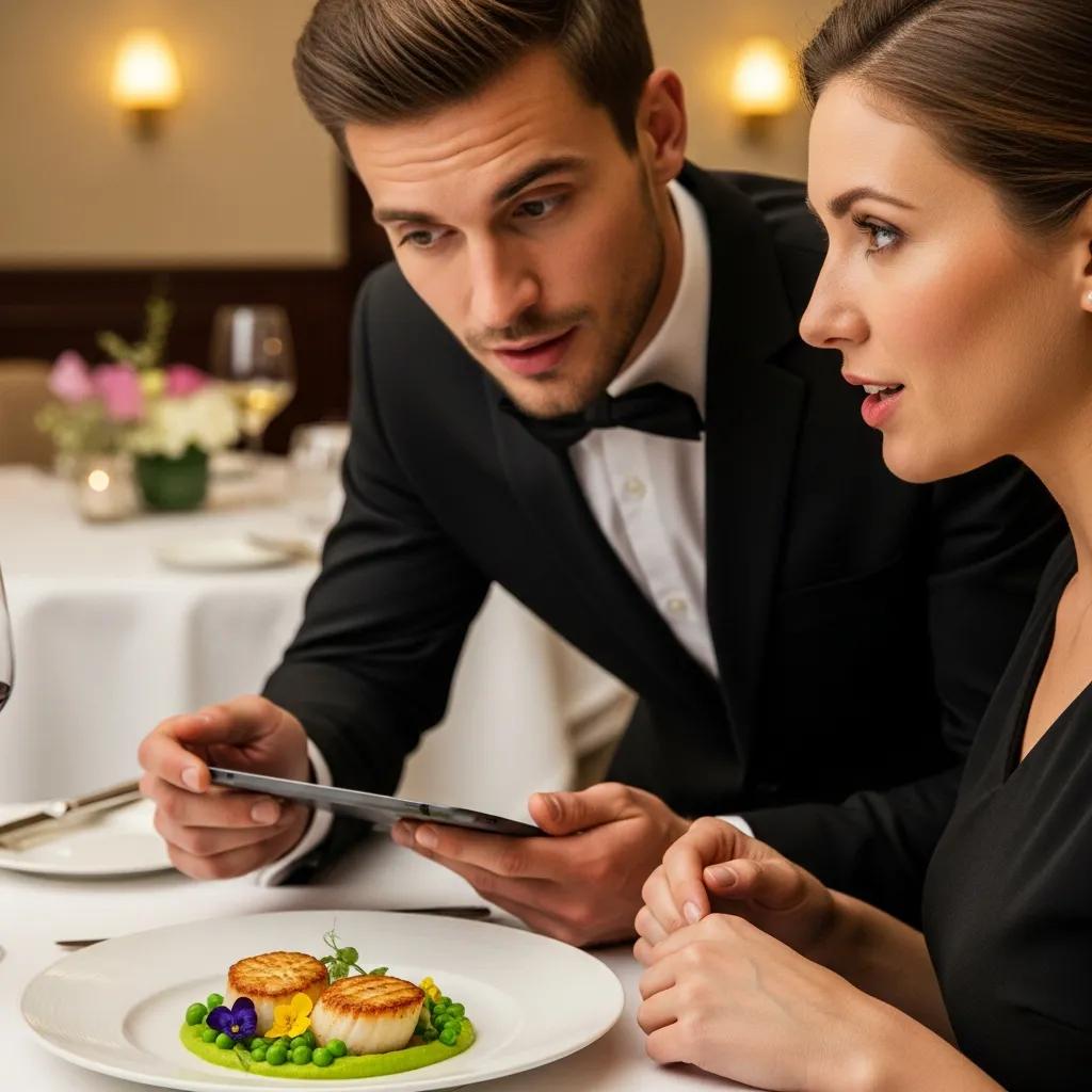 A guest calmly sharing dietary needs with a server in an elegant dining room