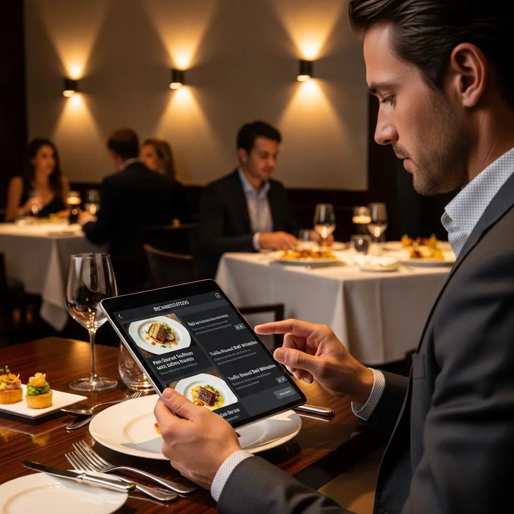 Guest using a tablet for personalized menu recommendations in a fine dining restaurant, showcasing AI-driven dining experiences with luxury dishes and elegant table settings.