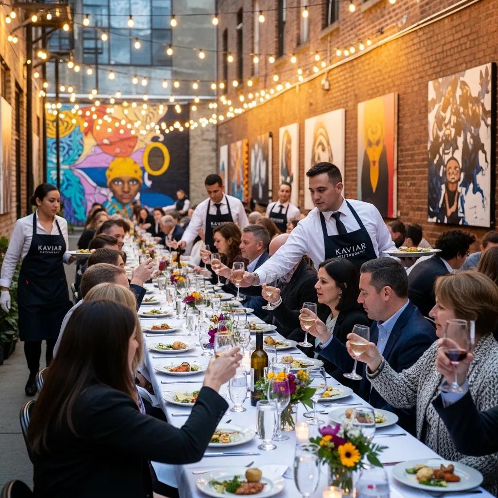 Guests toasting at a community benefit dinner hosted by Kaviar Restaurant, featuring elegantly set tables with floral arrangements, attentive staff serving dishes, and vibrant artwork on the walls, illustrating culinary collaboration and local engagement.