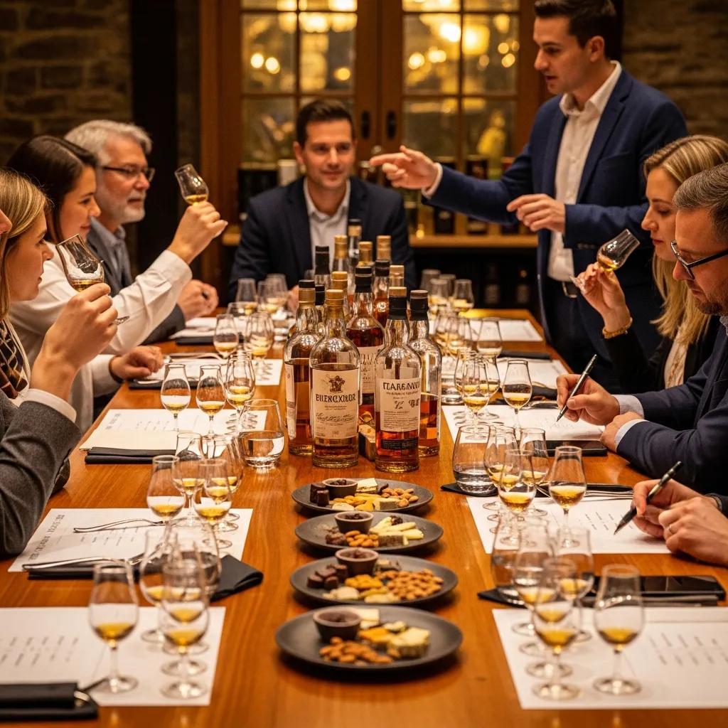 Guests participating in a guided Japanese whisky tasting at Kaviar, examining various bottles and enjoying complementary snacks, with a focus on education and flavor pairing.