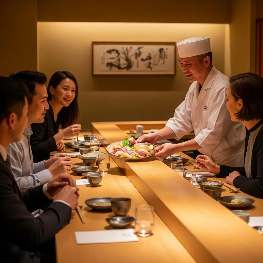 Guests enjoying a personalized omakase meal with a chef in an intimate dining setting, featuring a beautifully arranged platter of sushi and traditional tableware.