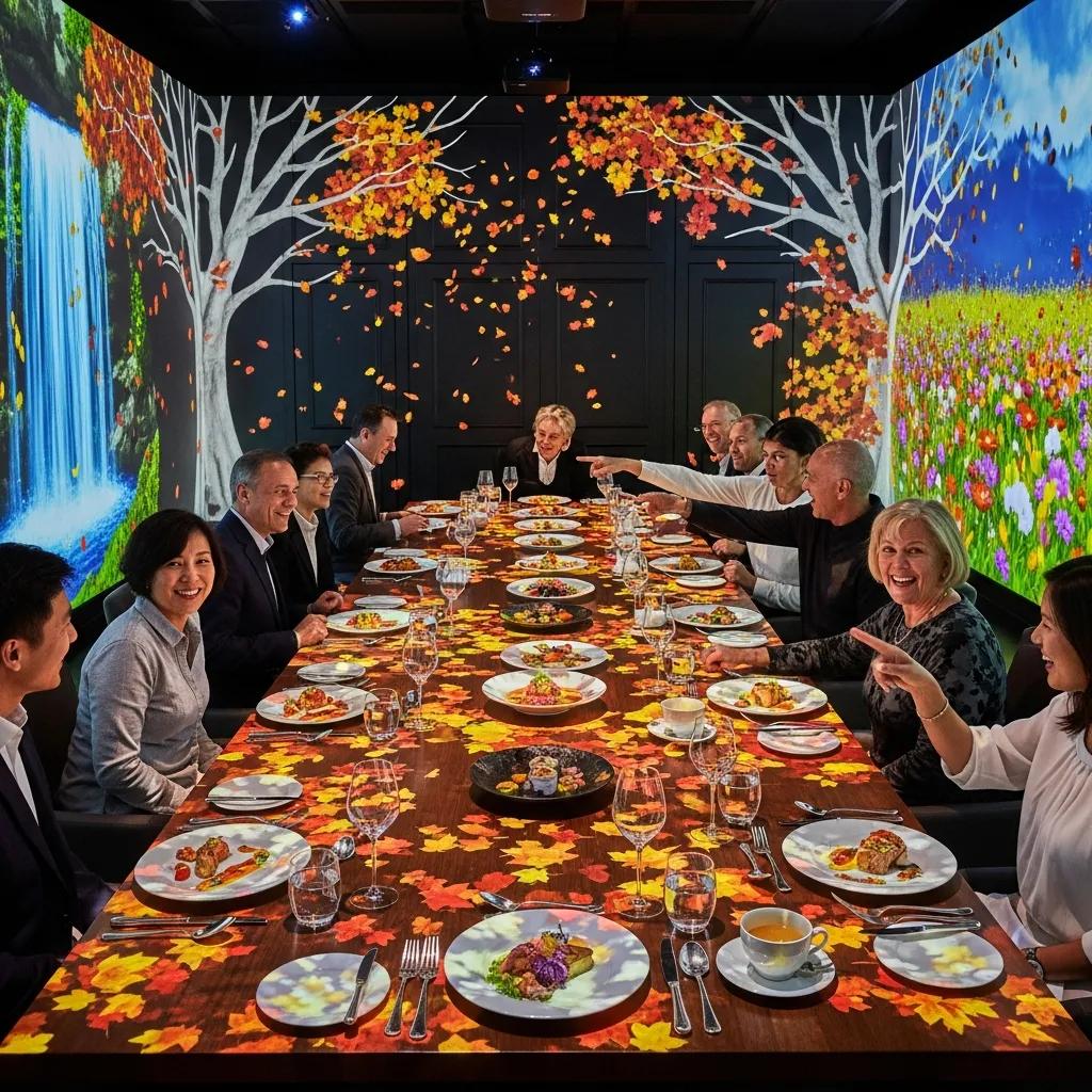 Guests enjoying an immersive dining experience with projection mapping featuring autumn leaves and vibrant landscapes in a fine dining setting, showcasing gourmet dishes and elegant tableware.