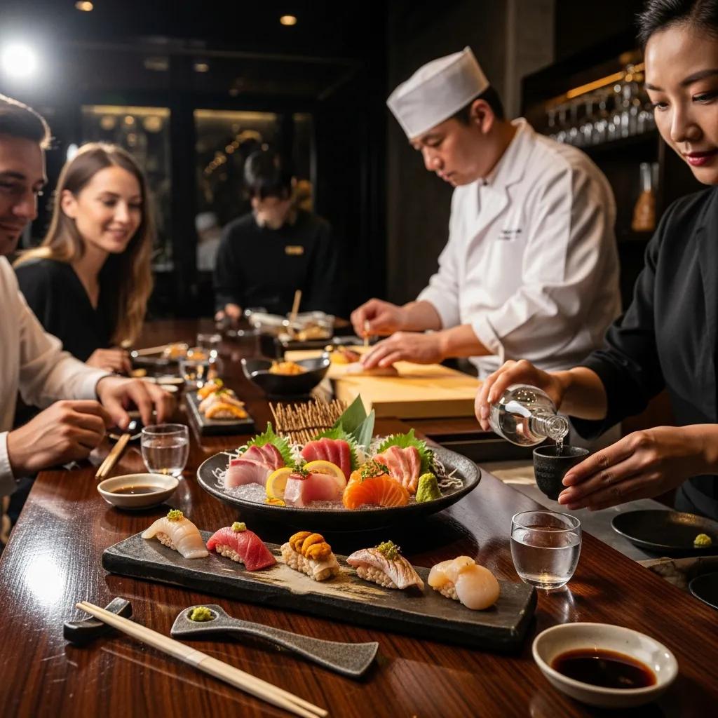 Guests seated at the counter enjoying an omakase service with artful plating and attentive service
