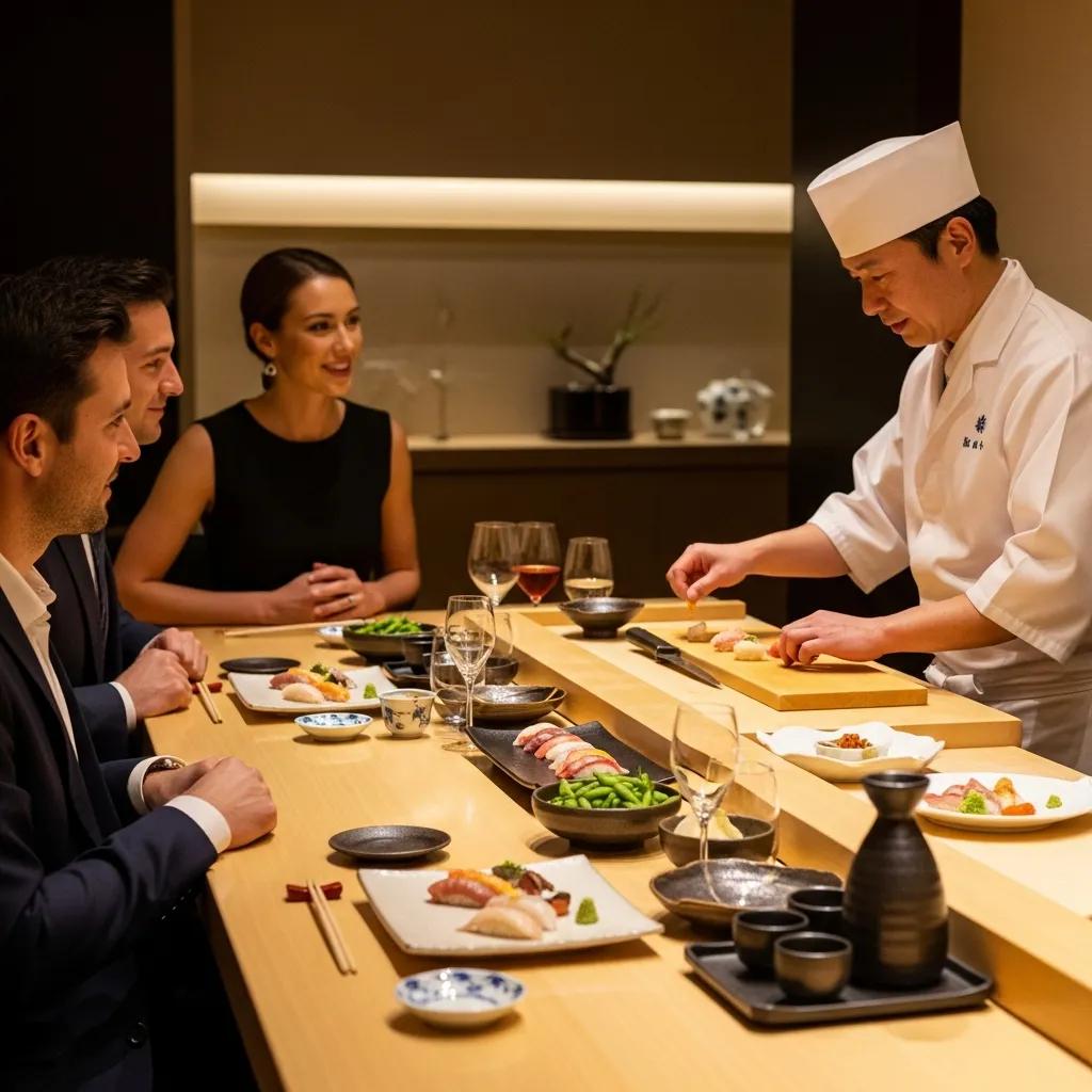 Guests in semi-formal attire enjoying an omakase experience at the counter with a chef, featuring sushi dishes and elegant table settings.