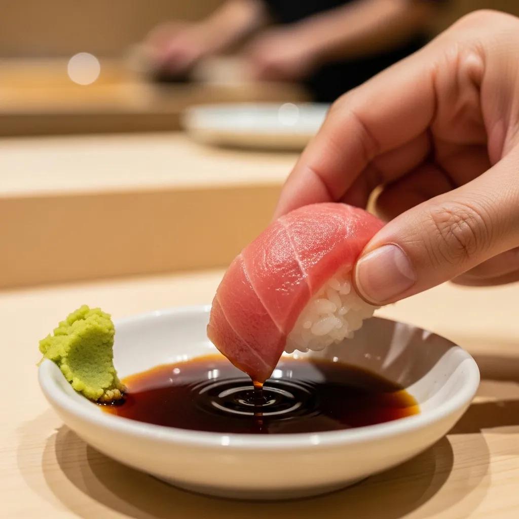 Hand dipping nigiri sushi into soy sauce with wasabi on the side, illustrating proper sushi dining etiquette in an upscale restaurant setting.
