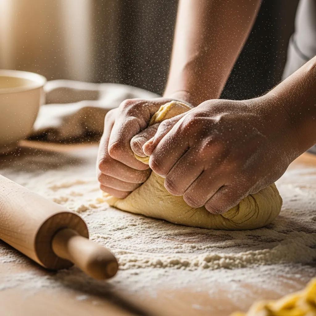 Hands working and shaping fresh pasta dough on a lightly floured board