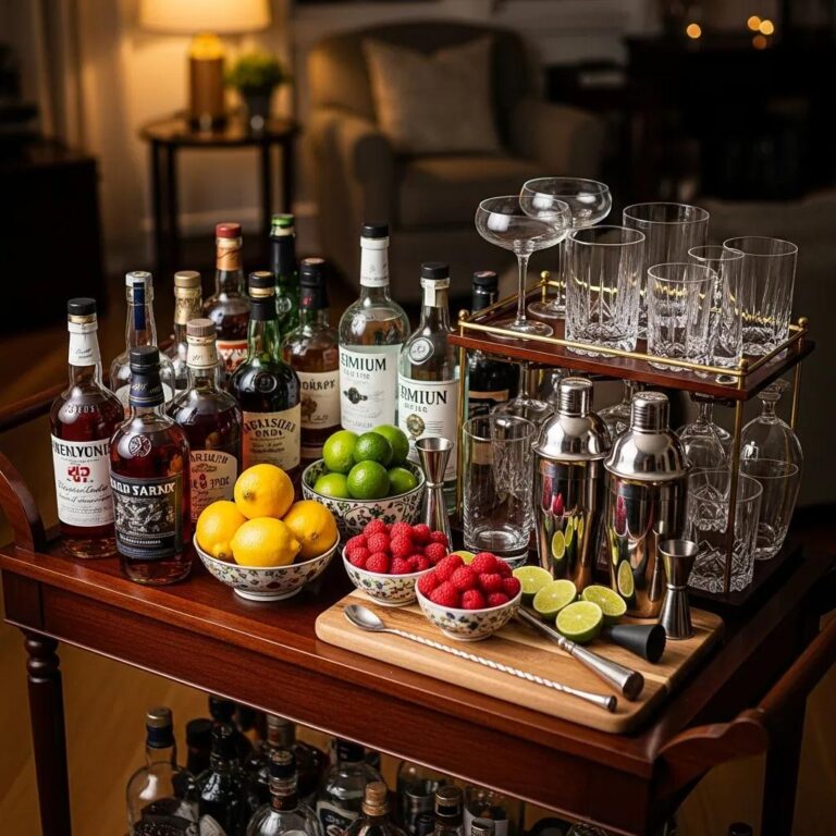 Home bar setup with premium spirits and fresh ingredients for crafting cocktails