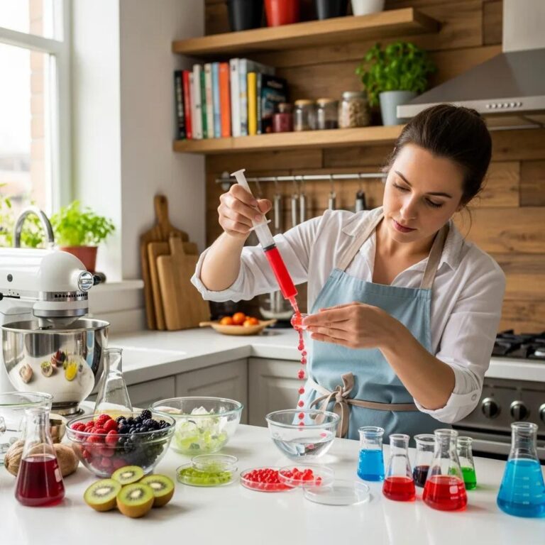 Home cook demonstrating molecular gastronomy techniques with spherification in a vibrant kitchen