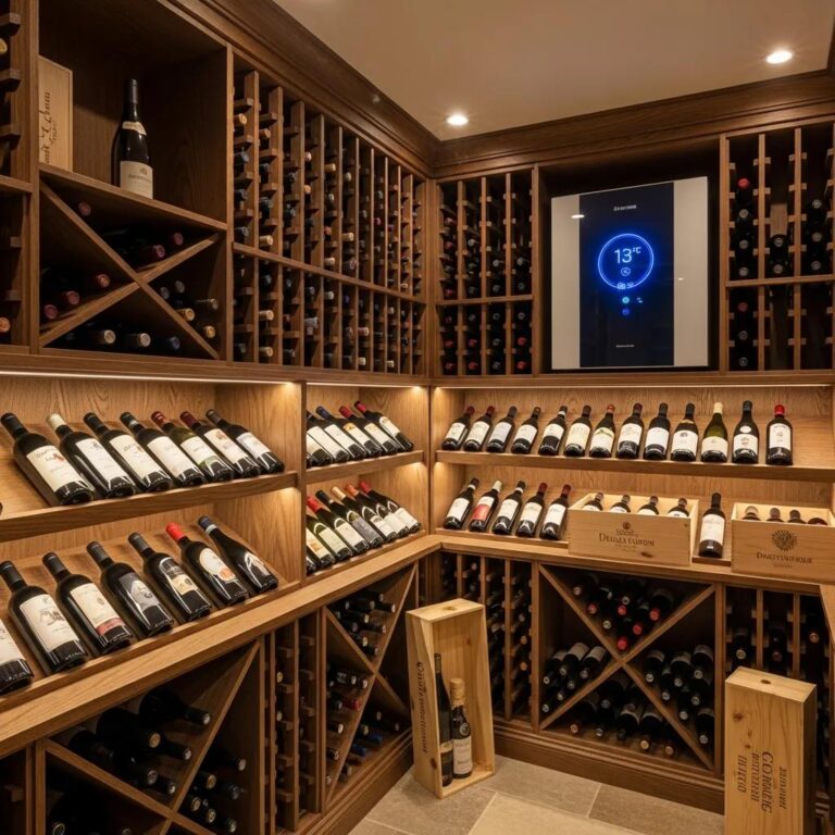 Home wine cellar showcasing optimal storage conditions with neatly arranged bottles, illuminated wooden racks, and a temperature control display.