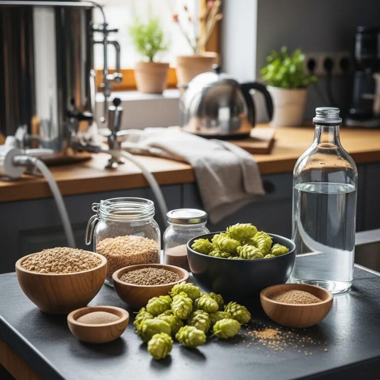 Homebrewing setup with malt, hops, yeast, and water in a cozy kitchen environment