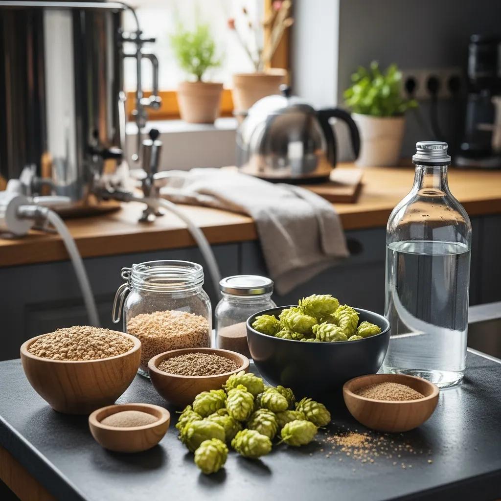 Homebrewing setup with malt, hops, yeast, and water in a cozy kitchen environment