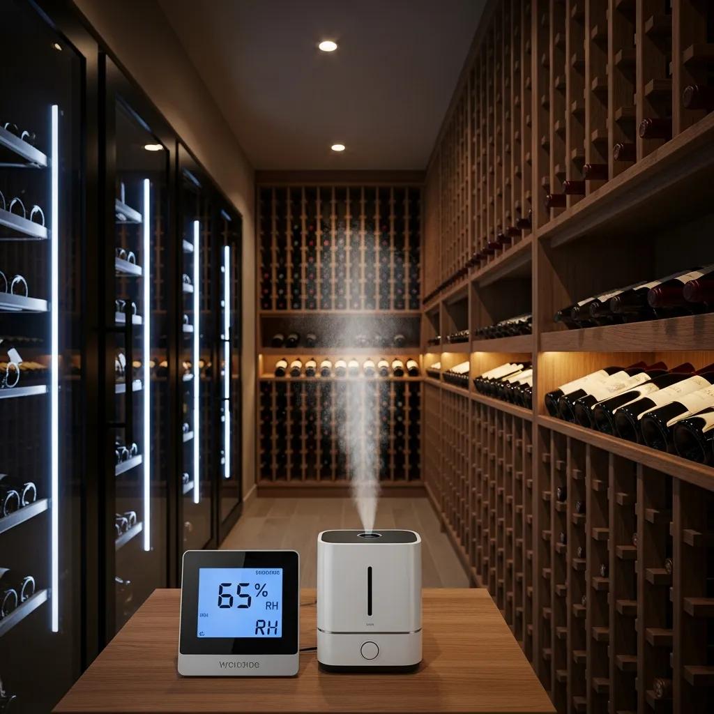 A hygrometer and small humidifier inside a cellar, demonstrating practical humidity control for wine preservation