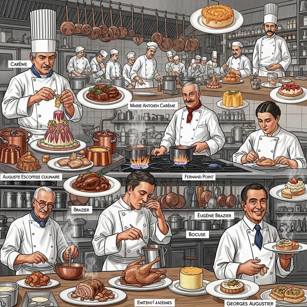 Iconic French chefs in a bustling kitchen, including Marie-Antoine Car&ecirc;me, Auguste Escoffier, and Fernand Point, showcasing classic culinary techniques and fine dining presentations with elaborate dishes and a brigade of chefs at work.