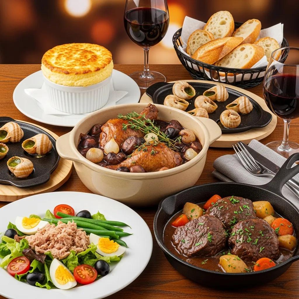 Artwork-style presentation of classic French dishes: coq au vin, boeuf bourguignon, and a souffl&eacute;