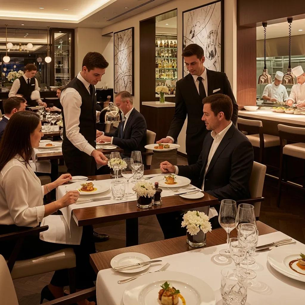 Elegant Michelin-star hotel restaurant interior with attentive waitstaff serving gourmet dishes to diners, showcasing refined decor and an open kitchen ambiance.