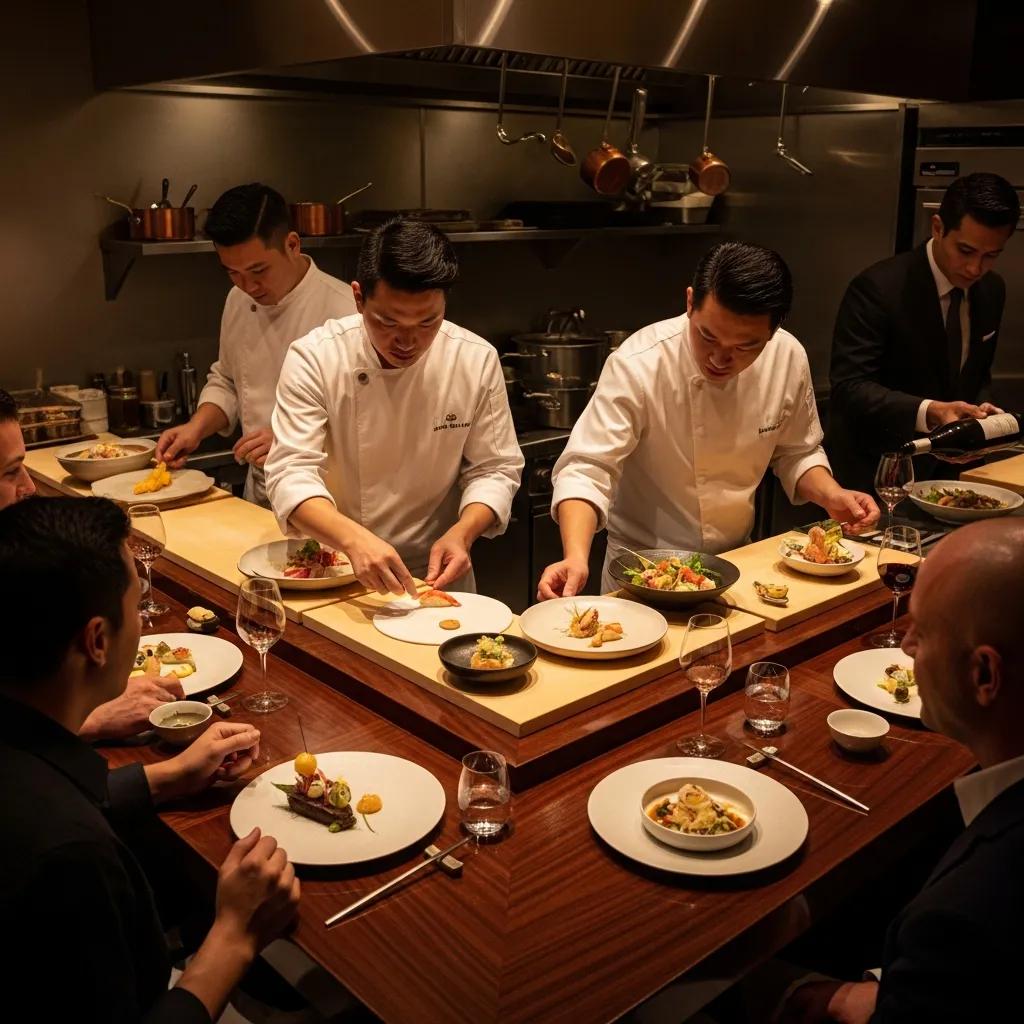 Chefs preparing a curated omakase meal at Kaviar's intimate chef's table, featuring guests enjoying a multi-course dining experience with elegant presentations.