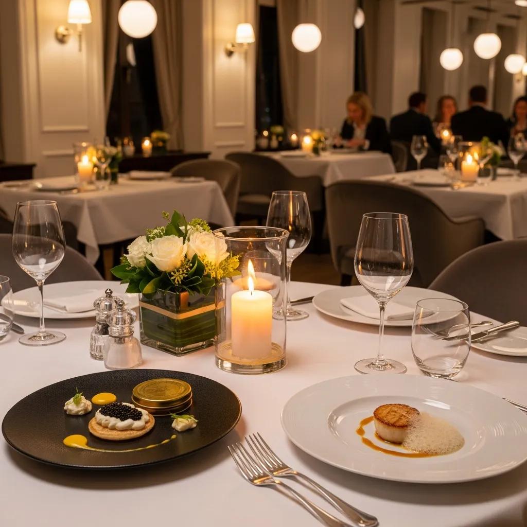 Intimate dining setting at Kaviar with elegant table settings, candlelight, premium dishes featuring caviar and A5 Wagyu, and soft lighting creating a romantic ambiance.