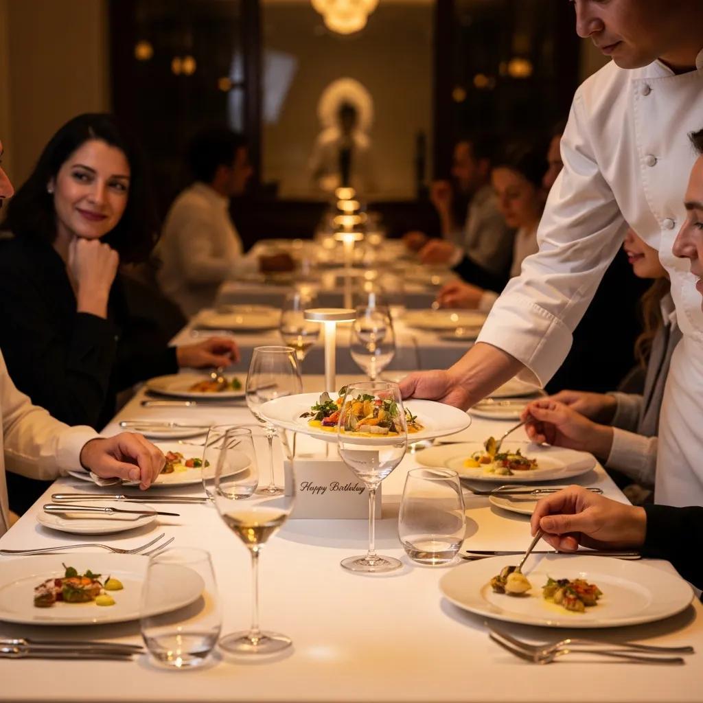 Warm, intimate dining atmosphere at Kaviar with refined plating for a celebration