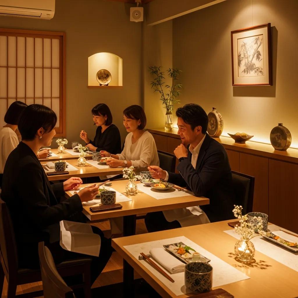 Warm, intimate dining room with soft lighting and elegant Japanese design at Kaviar