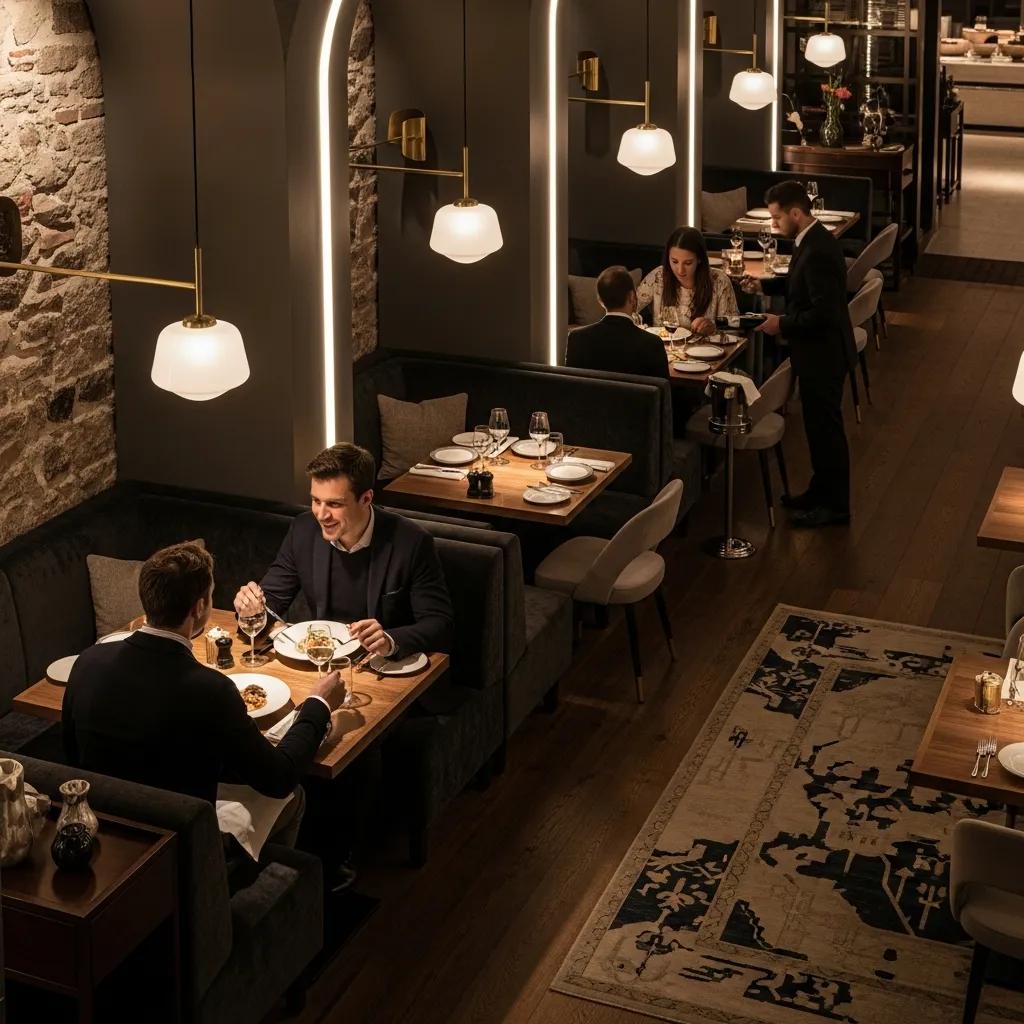 Intimate dining setting at Kaviar Restaurant featuring soft lighting, elegant decor, and guests enjoying a refined meal with attentive service.