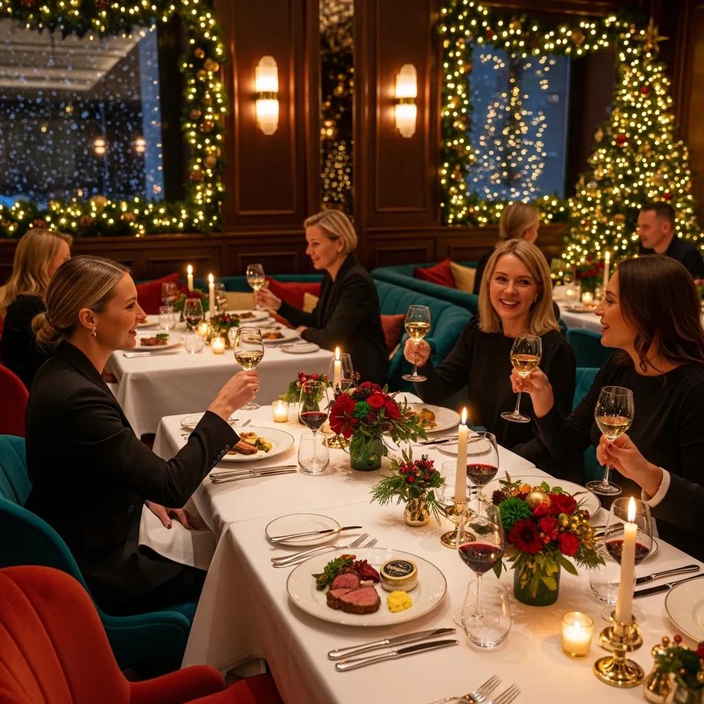 Intimate dining room at Kaviar with refined place settings and subtle festive accents