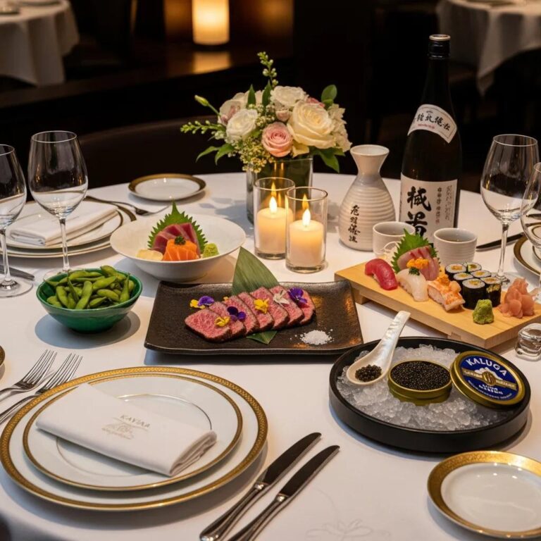 Intimate dining setup at Kaviar Restaurant featuring A5 Wagyu, Kaluga caviar, assorted sushi, and sashimi, surrounded by elegant tableware and floral arrangement, showcasing Japanese fine dining experience.