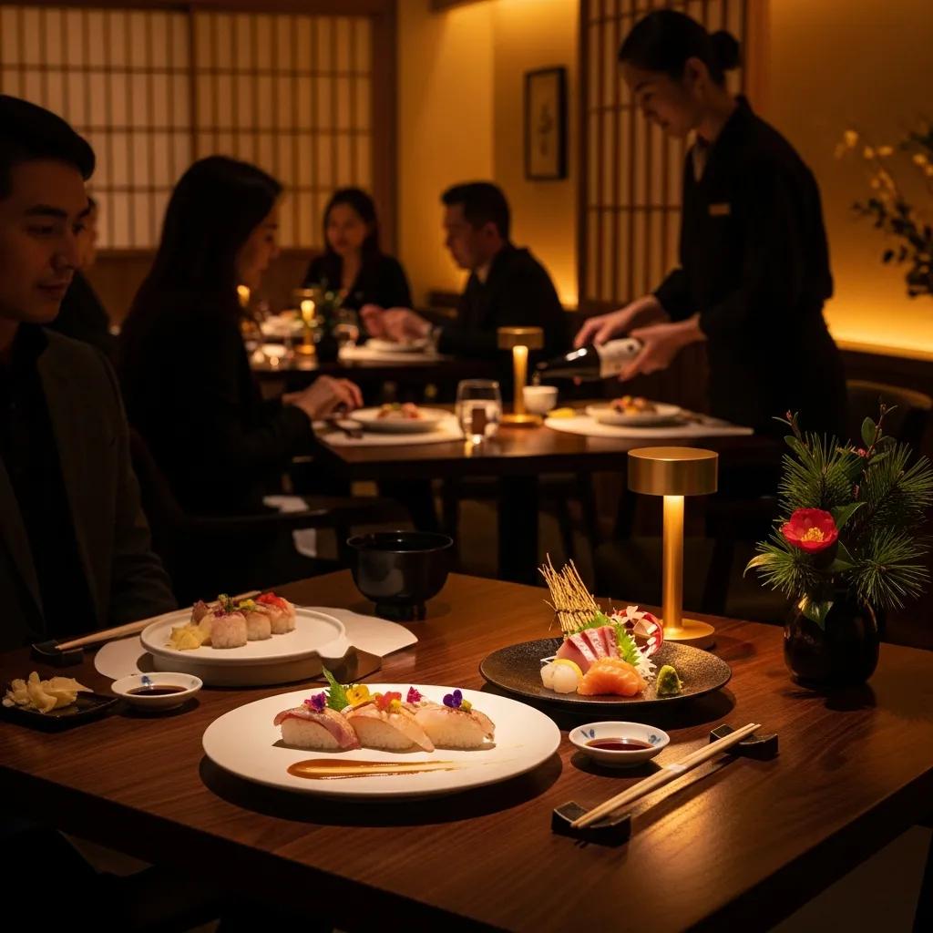 Intimate dining room with minimalist Japanese plating and warm, deliberate lighting
