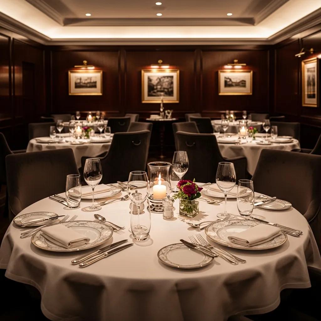 Intimate dining room with elegant tables, soft lighting, and attentive service
