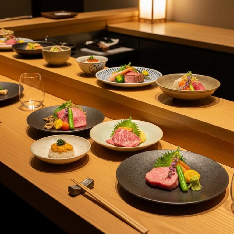Intimate omakase dining experience at Kaviar Restaurant showcasing premium Japanese ingredients