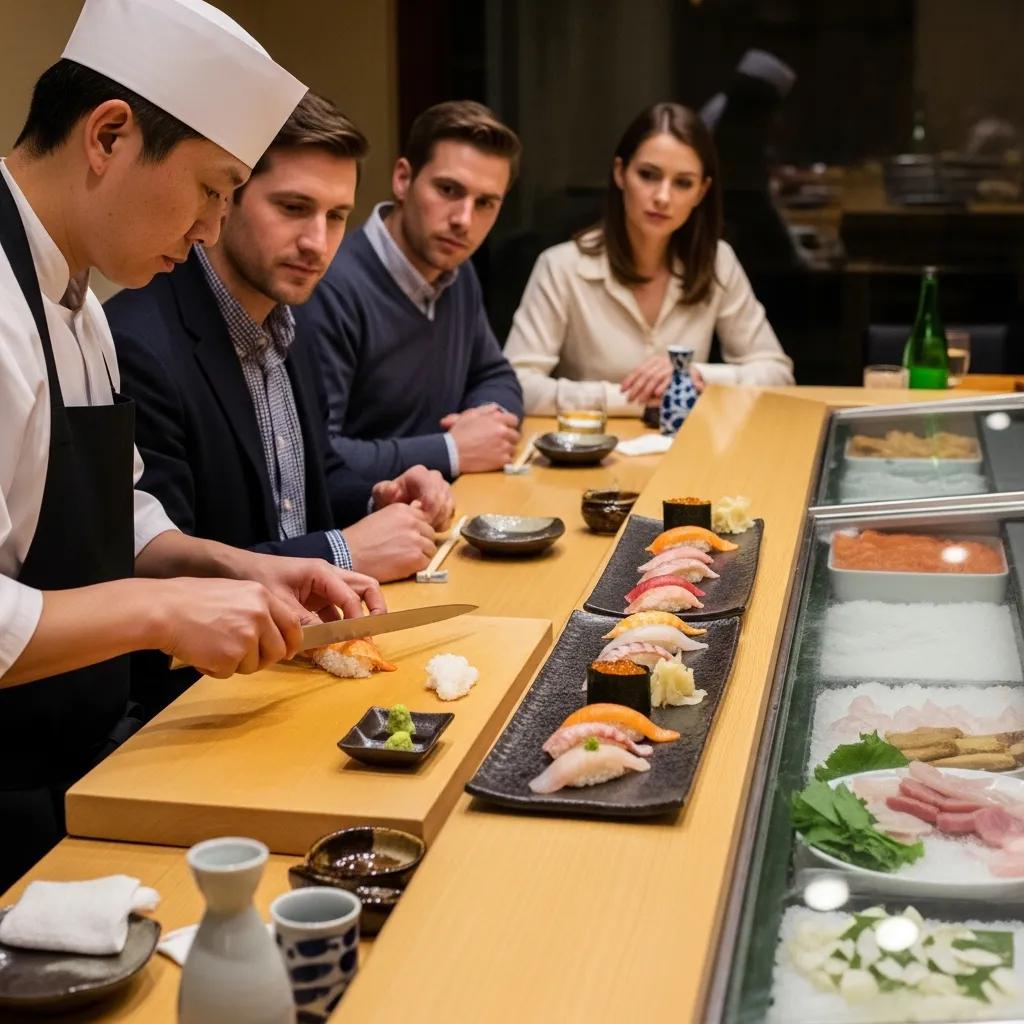 Intimate omakase counter where guests in understated attire watch a chef prepare sushi, highlighting dress considerations