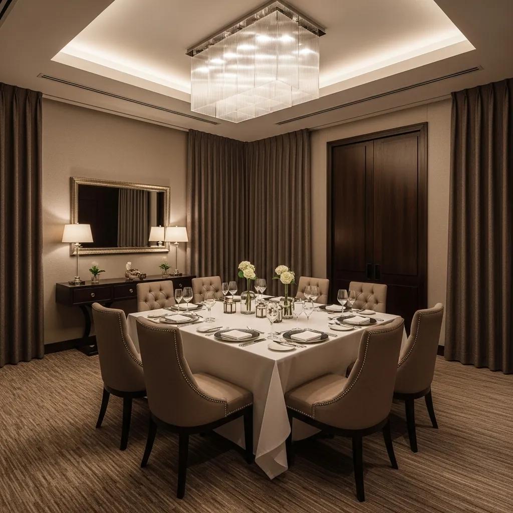 Private dining room at Kaviar set for an executive meeting with subdued lighting and refined decor