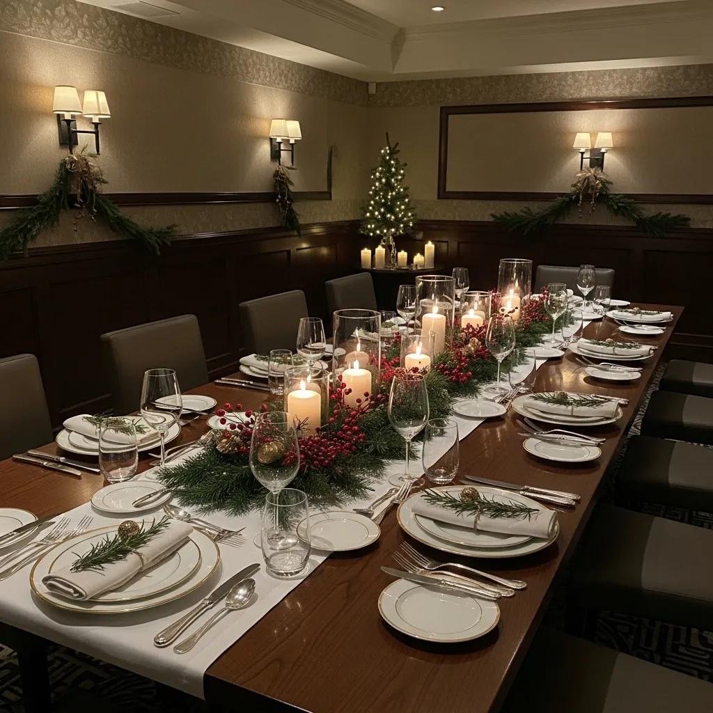 Kaviar’s private dining room arranged for a holiday event with refined table settings