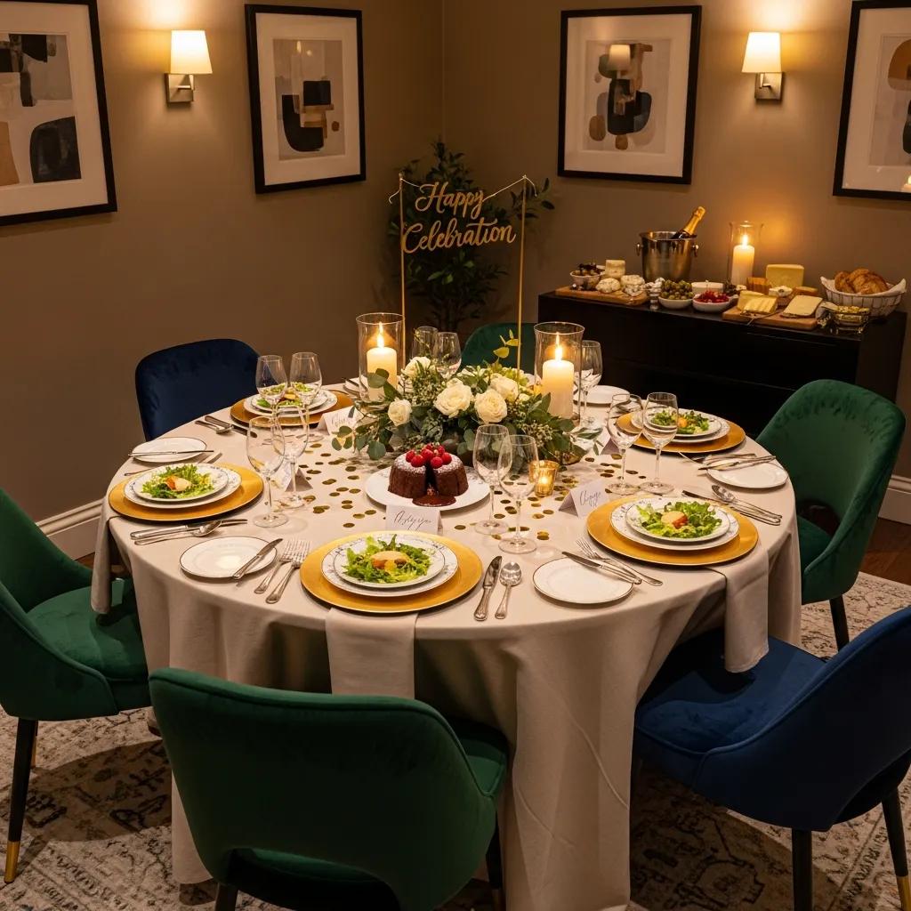 Intimate private dining table set for a birthday celebration at Kaviar, featuring elegant place settings, a centerpiece of roses, candles, and a "Happy Celebration" sign, with a chocolate cake and salads on display.