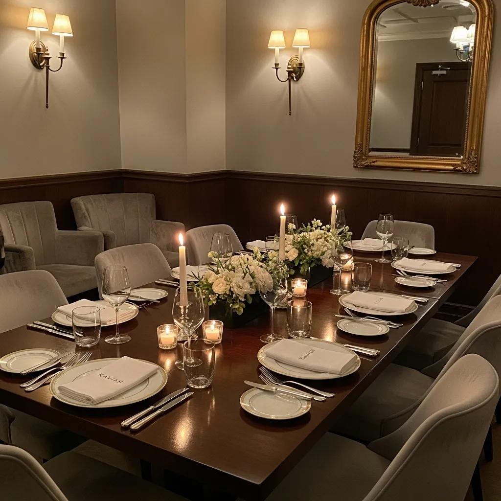Intimate private dining room setup at Kaviar with elegant decor and warm ambiance