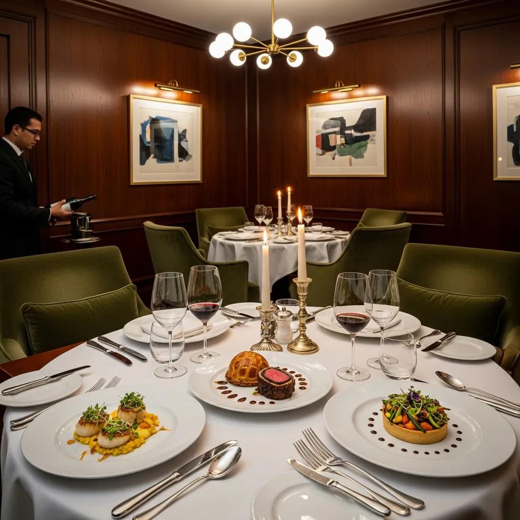 Intimate private dining setup featuring exquisite dishes, elegant table settings, and attentive service in a luxury restaurant.