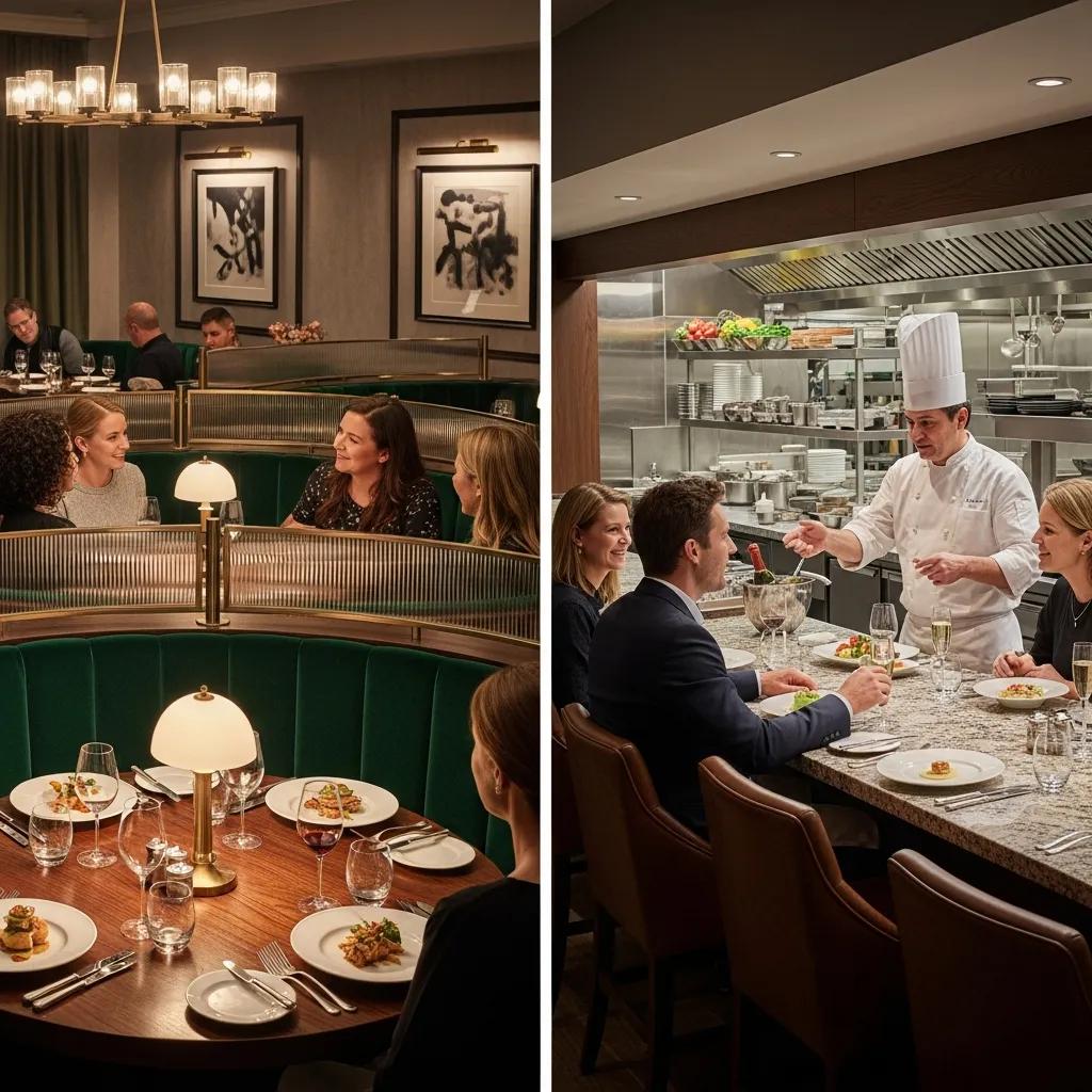 Intimate private dining spaces at Kaviar featuring a semi-private booth with guests enjoying A5 Wagyu and caviar, alongside a chef's table where a chef presents dishes to diners, emphasizing luxury corporate dining experiences.