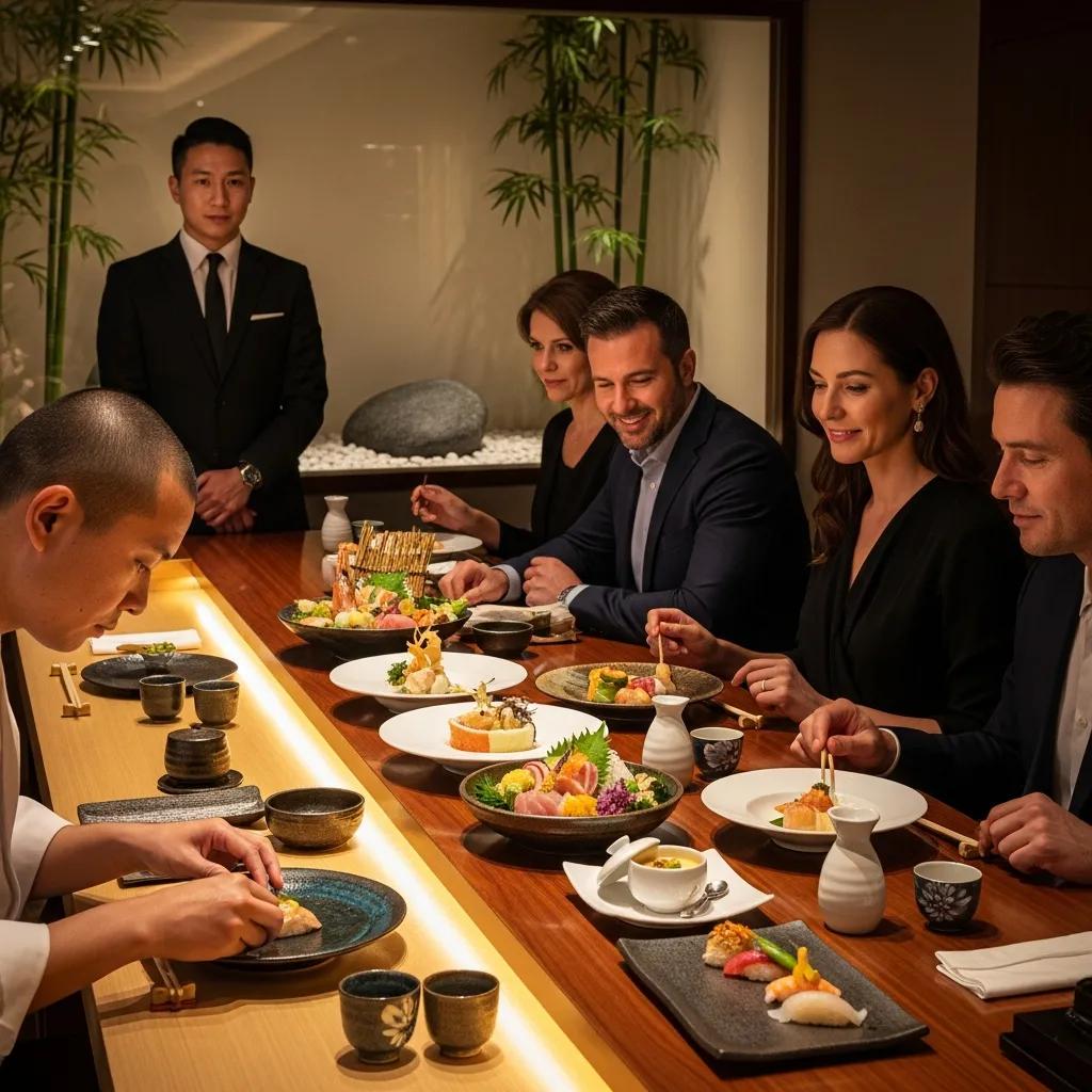 Intimate private omakase dining experience with chef preparing beautifully presented dishes, guests enjoying a multi-course meal, and attentive service in a contemporary Japanese setting.