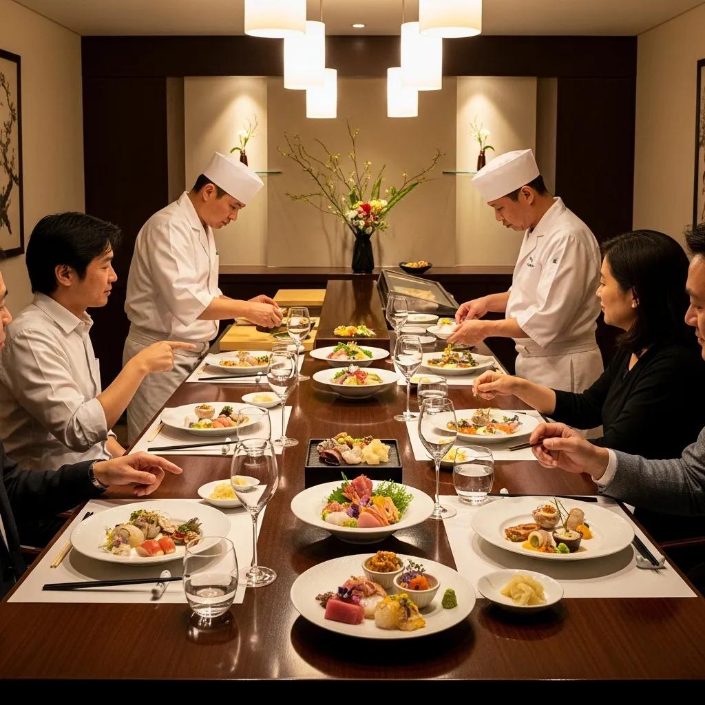 Guests enjoying a seated omakase experience with elegantly plated Japanese dishes, featuring chef interaction and a luxurious dining atmosphere.