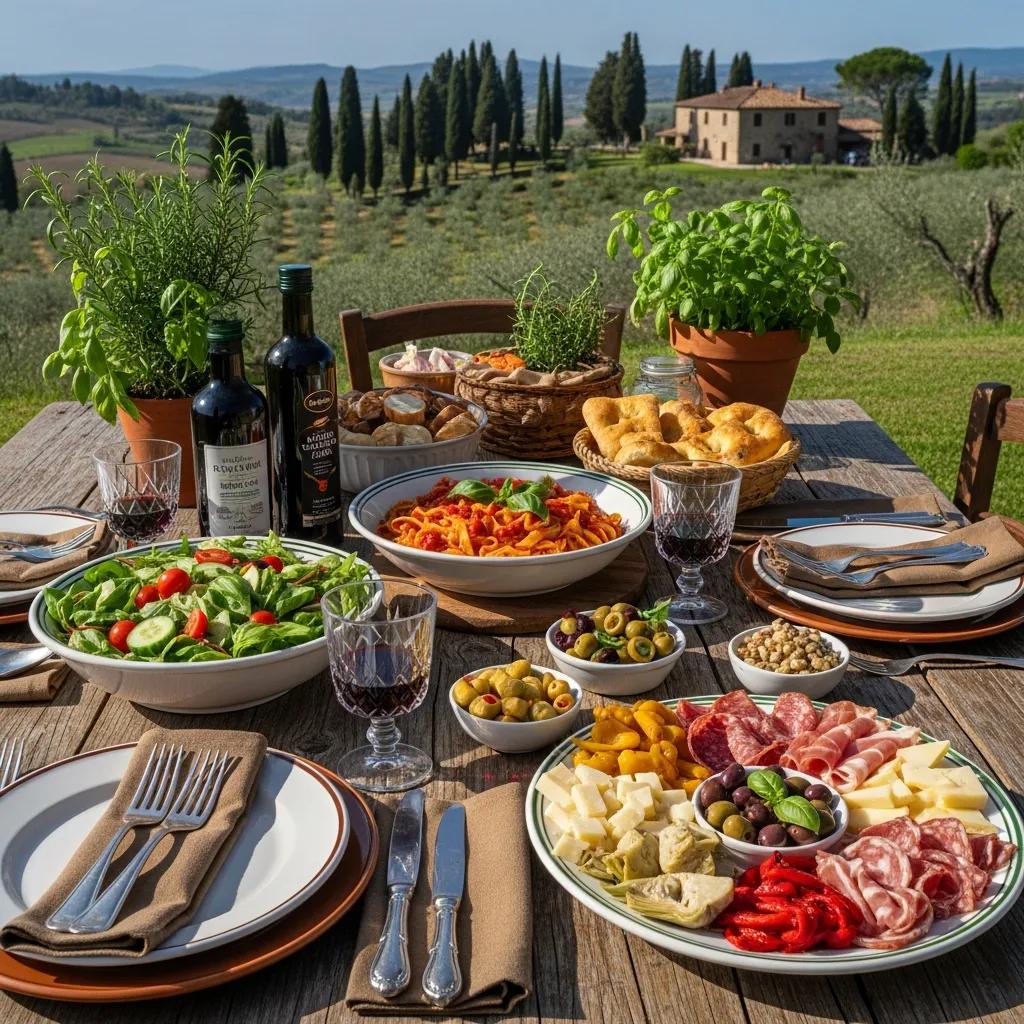 Italian dining table with traditional dishes emphasizing seasonal ingredients and culinary heritage
