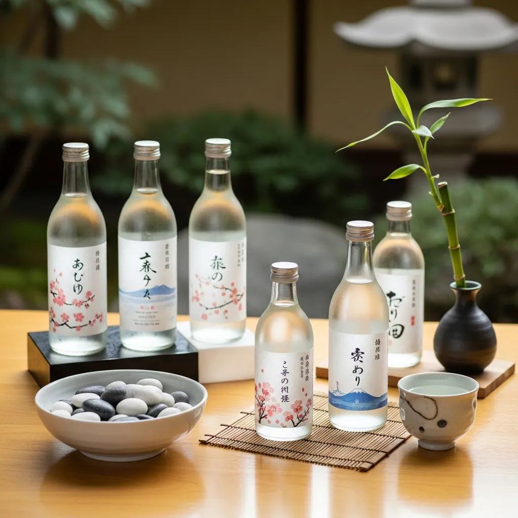 Japanese bottled waters presented with bamboo and traditional tableware, emphasizing purity and provenance