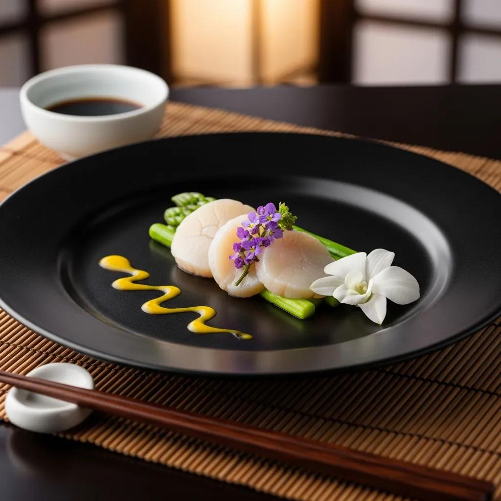 Minimal Japanese-style plate with delicate edible flower accents emphasizing balance