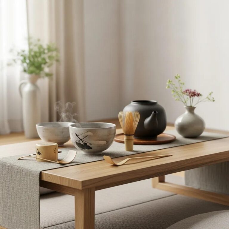 Japanese tea ceremony setup with chawan, chasen, and seasonal flowers, emphasizing mindfulness and hospitality