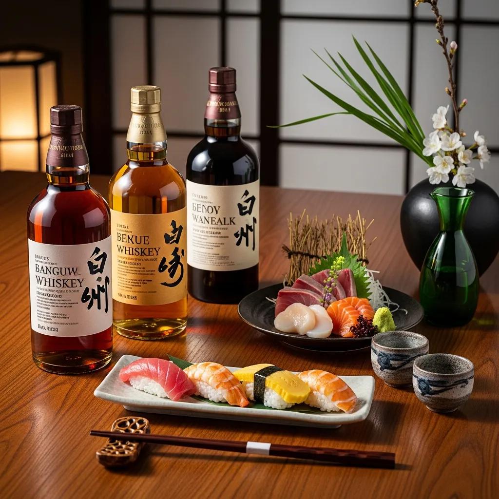 Japanese whisky bottles staged with sushi and sashimi to illustrate harmony with Japanese fine dining