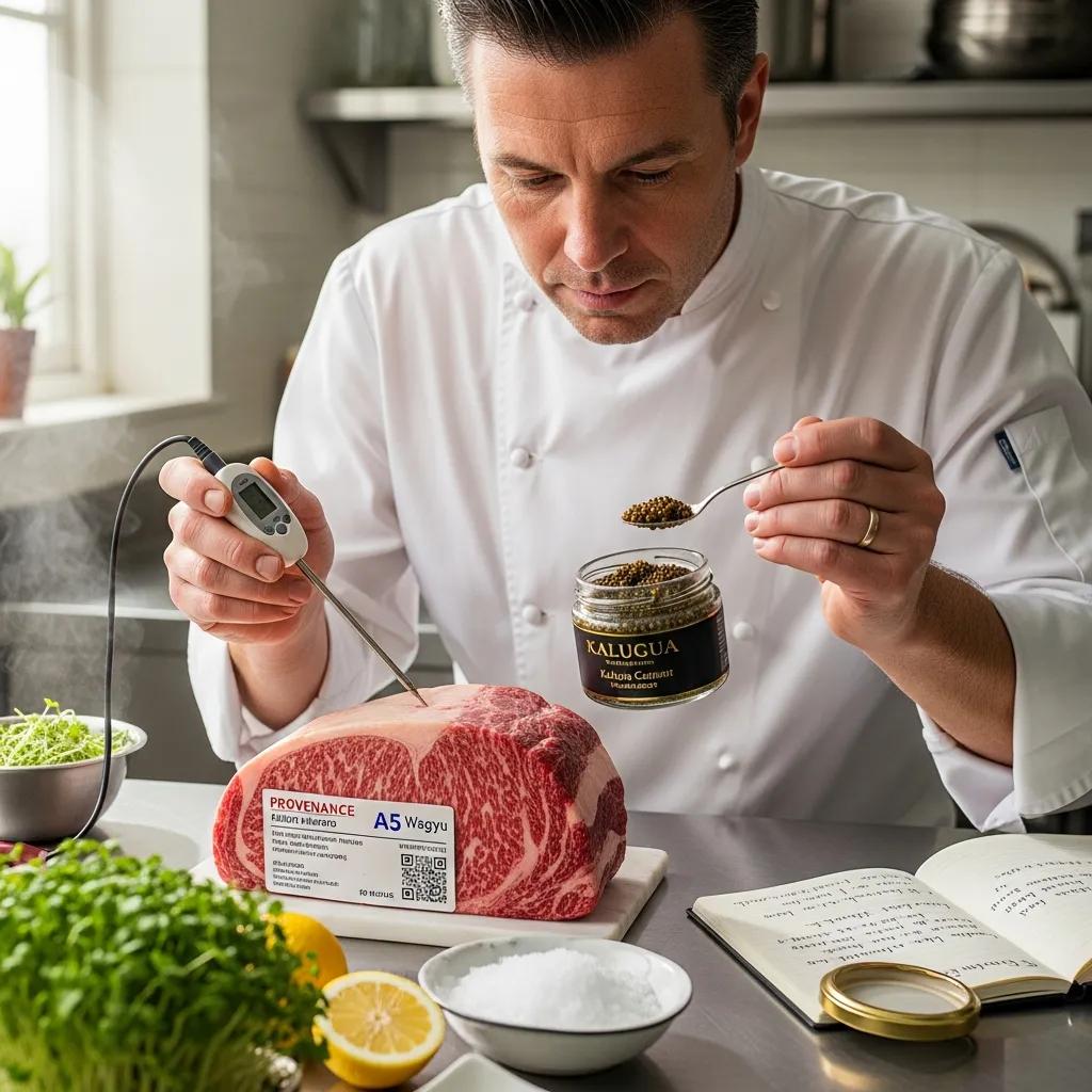 Kaviar chef inspecting A5 Wagyu and Kaluga caviar during morning receiving, checking quality and temperature
