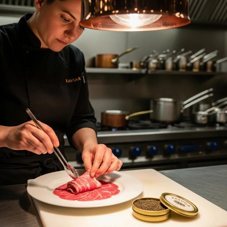 Kaviar chef preparing premium ingredients in a luxury kitchen, emphasizing fine dining techniques