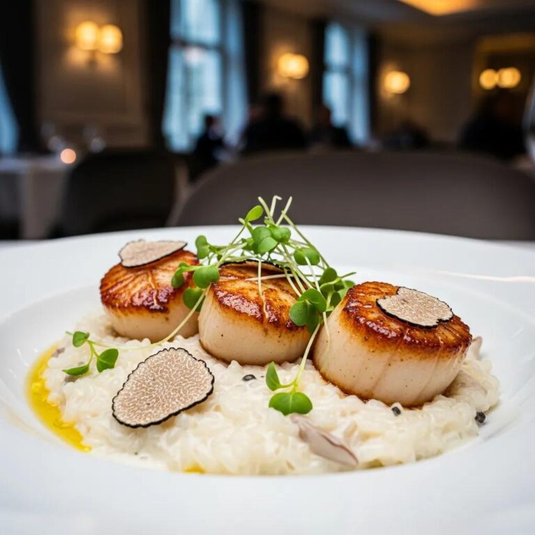 Kaviar's signature seared scallops served on creamy Arborio risotto, garnished with truffle slices and microgreens, in an upscale dining setting.