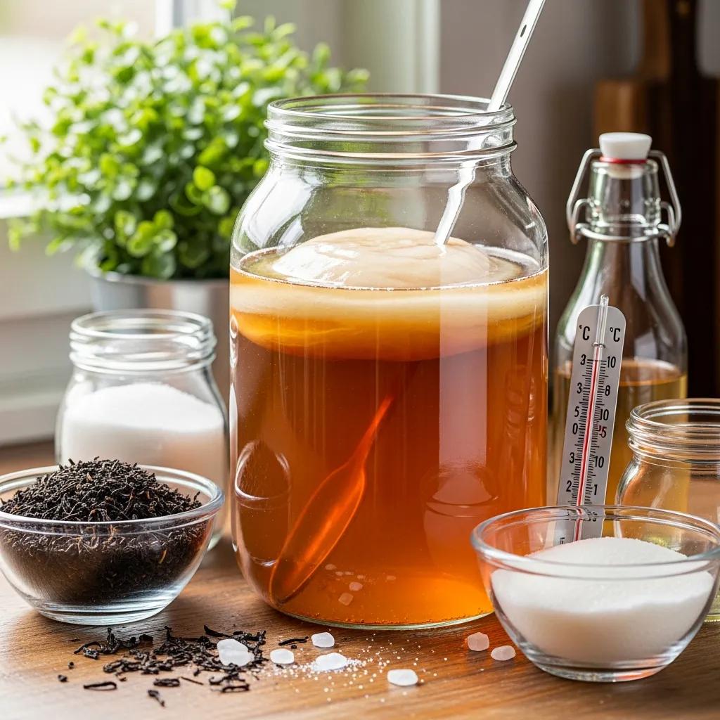 A jar of kombucha with a SCOBY floating in sweet tea, surrounded by loose tea leaves and sugar &mdash; showing a home‑brewing setup